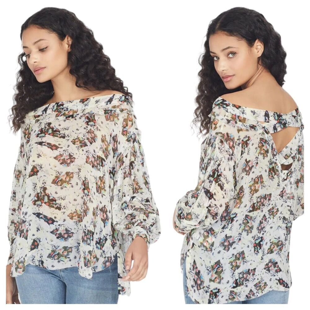 IRO Debby Ivory Floral Criss Cross Back Ruffle Trim Blouse Top Size M READ